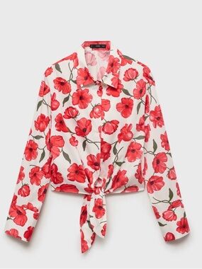 Mango Red Poppy Tie-Front Button-Down Blouse Floral Poplin Shirt 6